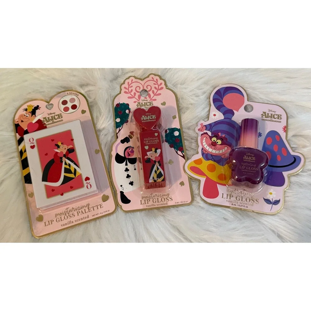 Disney Alice in Wonderland Lip Gloss Set Queen of Hearts Cheshire Cat 3pc NEW